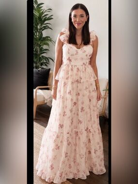 Romantic Pink Floral Ruffle Tier Maxi Dress